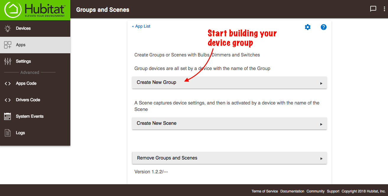Screenshot of "Create New Group" option in Groups and Scenes app