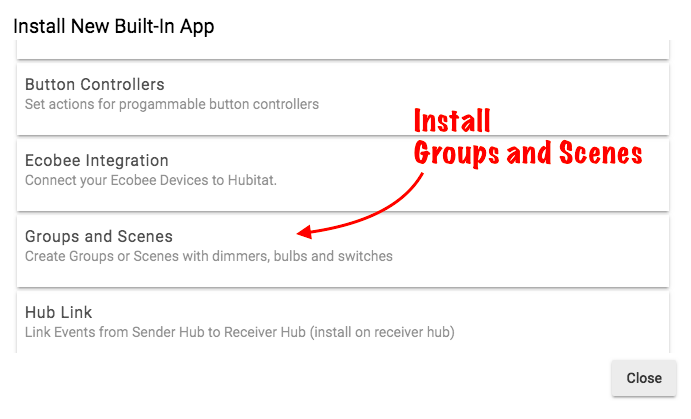 Screenshot of built-in apps including Groups and Scenes