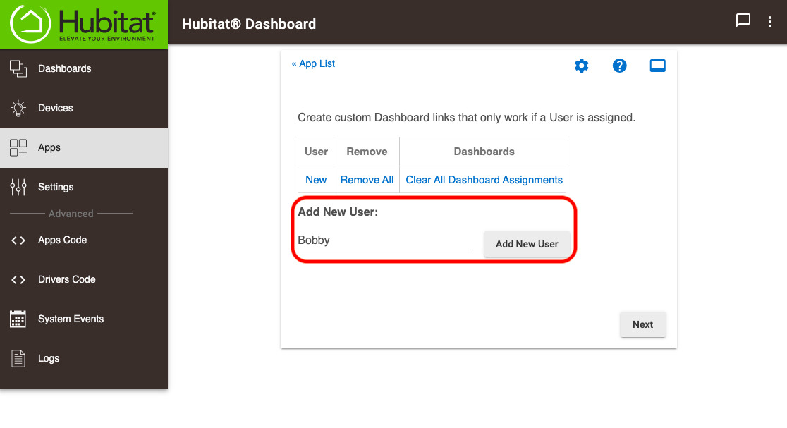 Screenshot - Dashboard add name for user setup for per-user dashboard