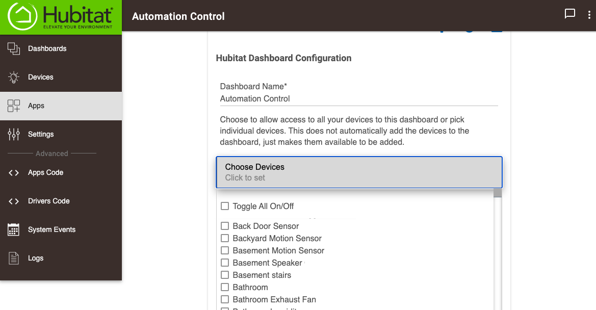 Screenshot of 'Choose Devices' in Dashboard