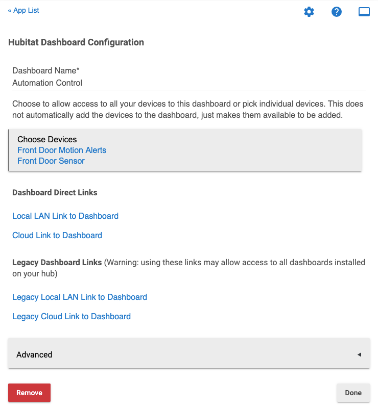 Screenshot - Dashboard Legacy Links