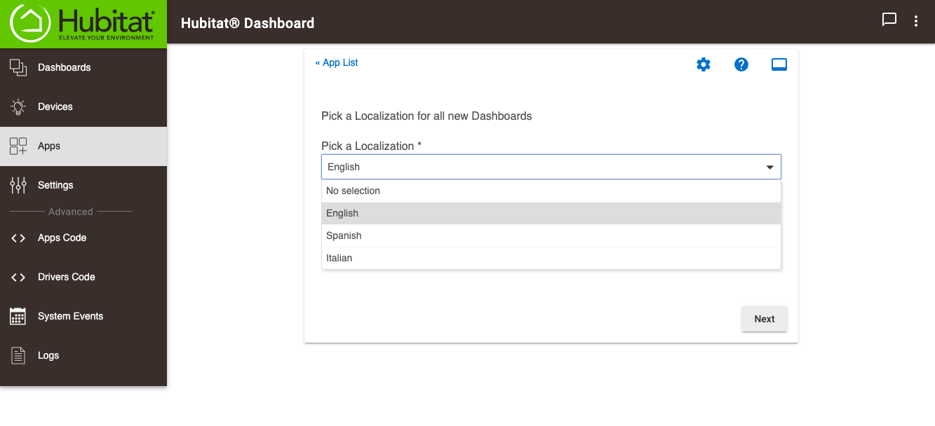 Screenshot - Dashboard Localization setup