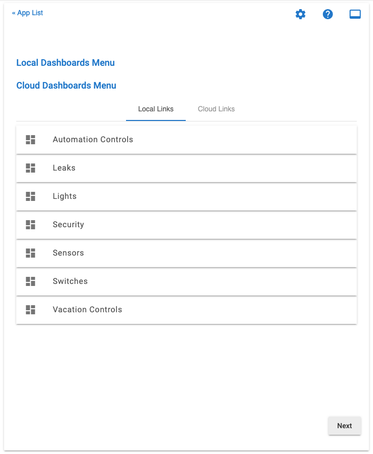 Screenshot - Dashboard Menu and Links setup