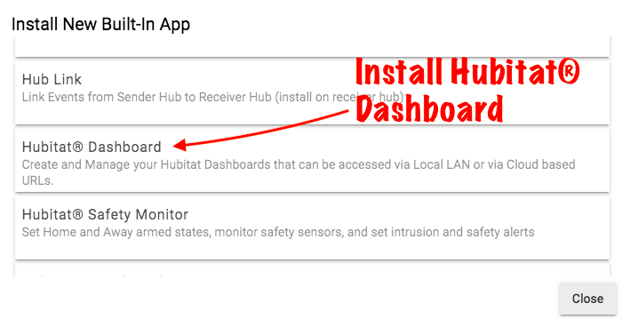 Screenshot - Hubitat Dashboard in apps list
