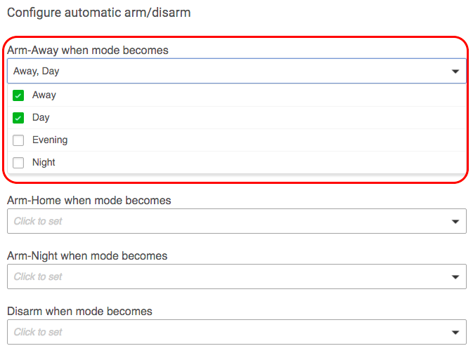 Screenshot of "Arm-Away when mode becomes..." options