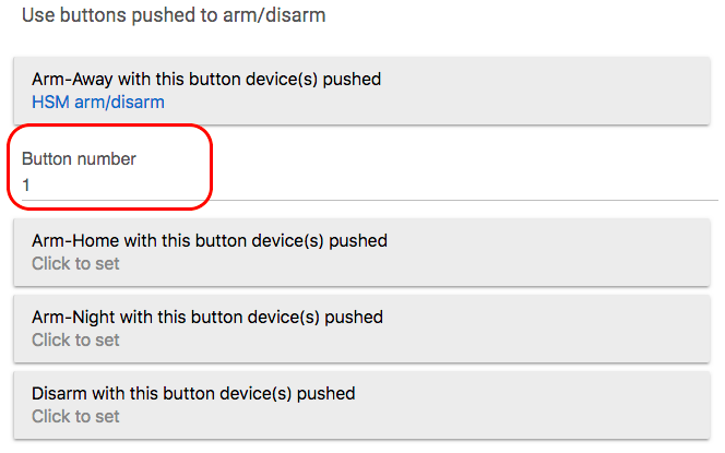 Screenshot of "Use buttons pushed to arm/disarm" button number selection
