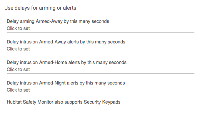 Screenshot of "Use delays for arming or alerts" options