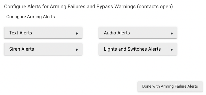 Screenshot: Alerts for Arming Failures options