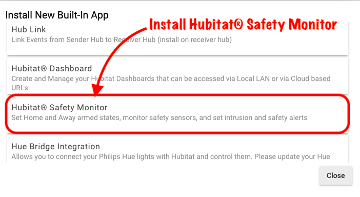 Screenshot of Hubitat Safety Monitor in list