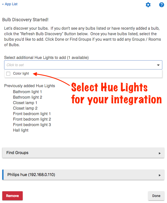 Screenshot: discovered bulbs in Hue Bridge Integration app