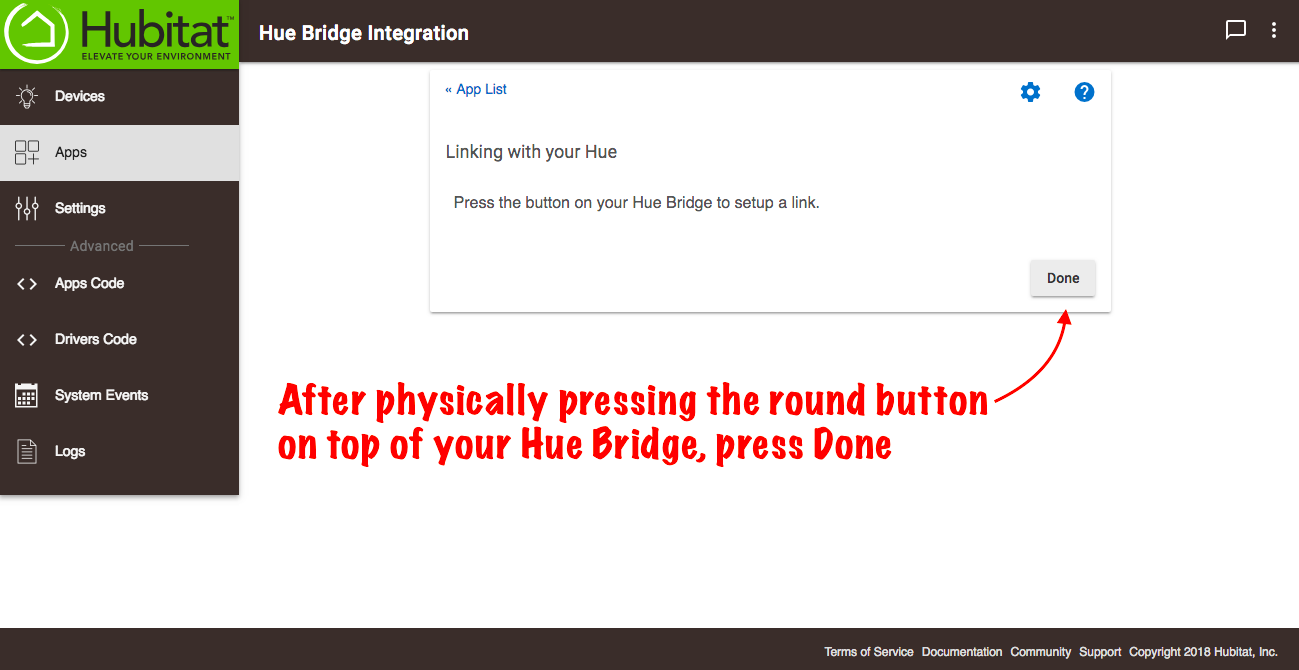 Screenshot of "Done" button in integration app; select this button after pressing the phyiscal button on the Hue Bridge to authorize the connection