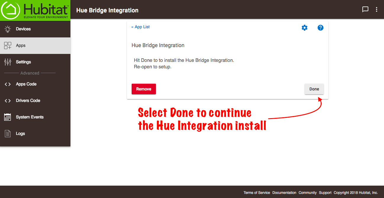 Screenshot of "Done" button in Hue Bridge Integration app