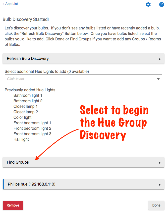 Screenshot: "Find Groups" link in Hue Bridge Integration app