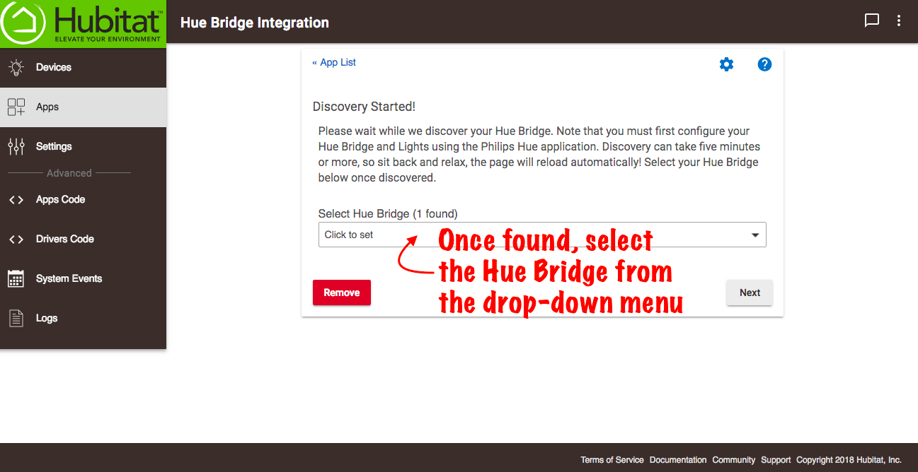 Screenshot of "Discovery Started!" screen in Hue Bridge Integration app