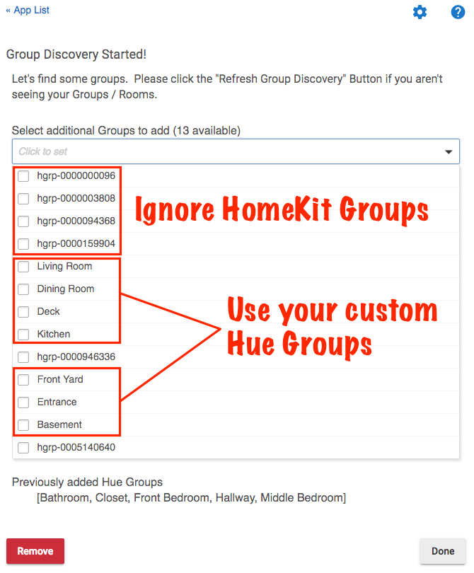 Screenshot: discovered groups in Hue Bridge Integration app