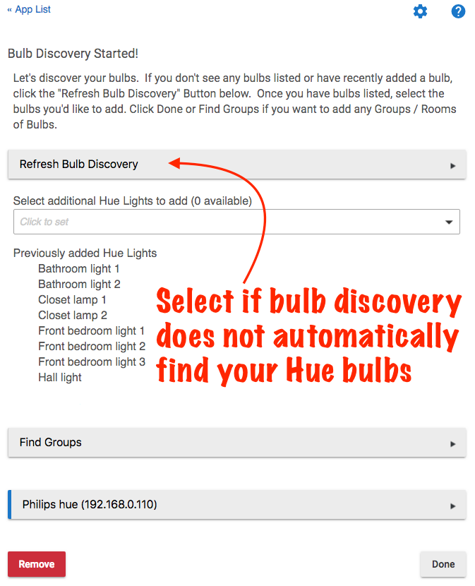 Screenshot: discovered bulbs in Hue Bridge Integration app and "Refresh Bulb Discovery" option