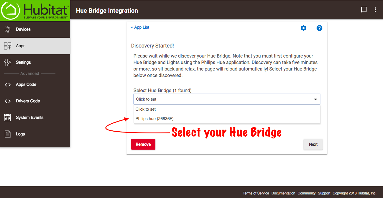 Screenshot of Hue Bridges in "Select Hue Bridge" drop-down