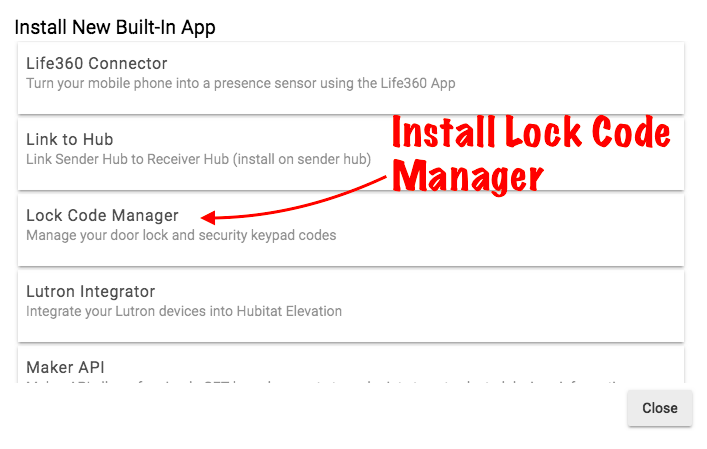 Screenshot: Lock Code Manager in built-in apps list
