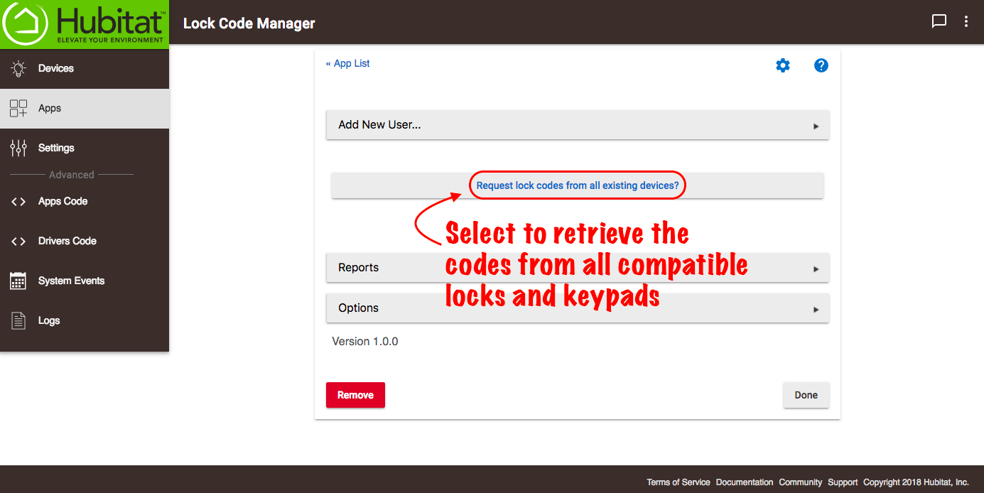 Screenshot: "Request Lock Codes from Existing Devices?" link in LCM