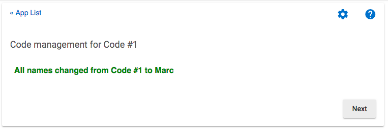 Screenshot: "All names changed from Code #1 to Marc" as an example of post-rename screen in LCM