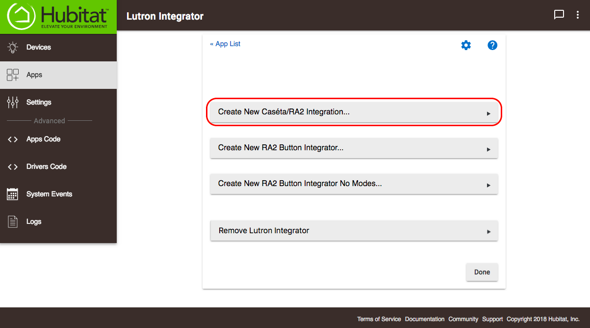 Screenshot of "Create New Caseta/RA2 Integration" option in Hubitat Lutron Integrator app