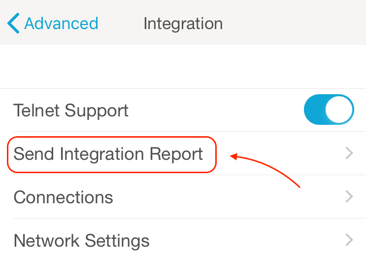 Screenshot of "Send Integration Report" in Lutron mobile app