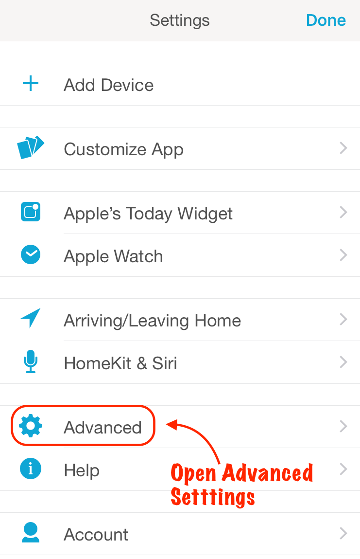 Screenshot of "Adanced" setting category  in Lutron mobile app
