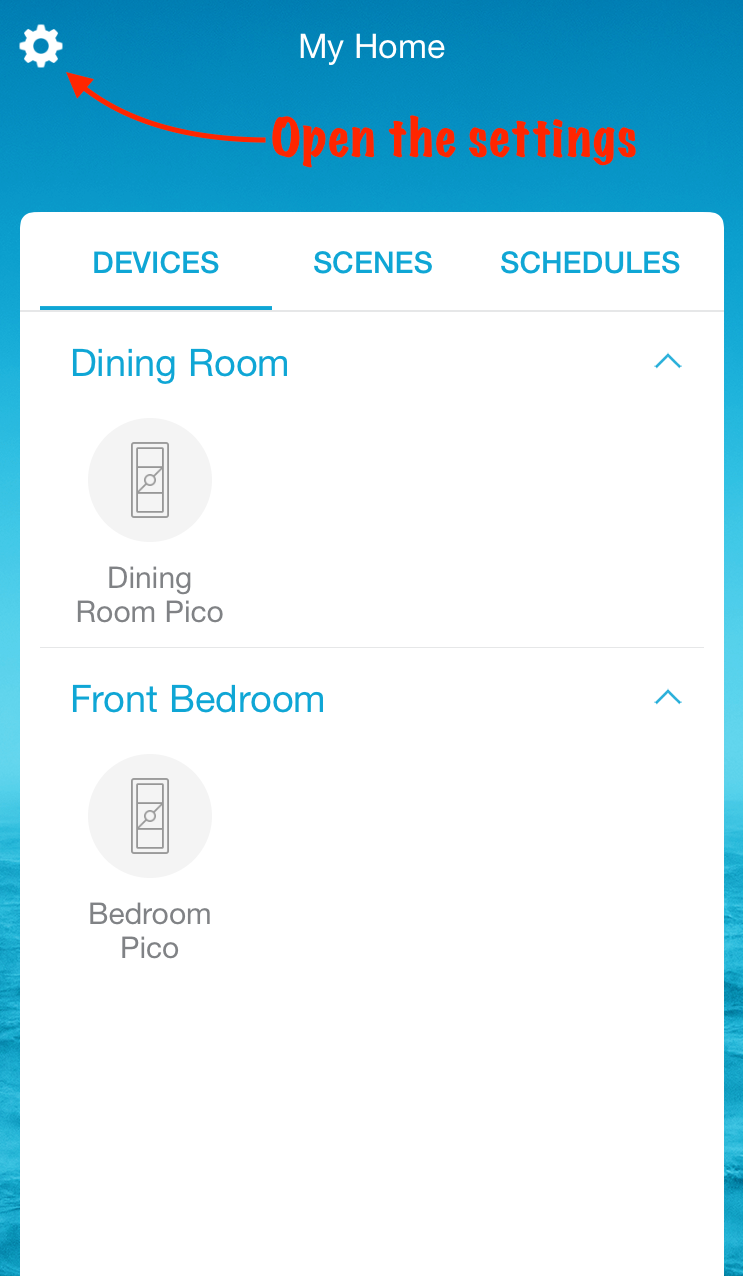 Screenshot of settings (gear) icon in Lutron mobile app