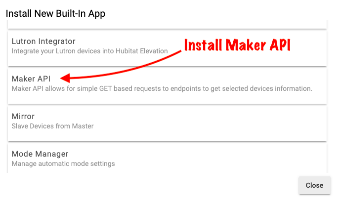 Screenshot of "Maker API" in Hubitat built-in apps list