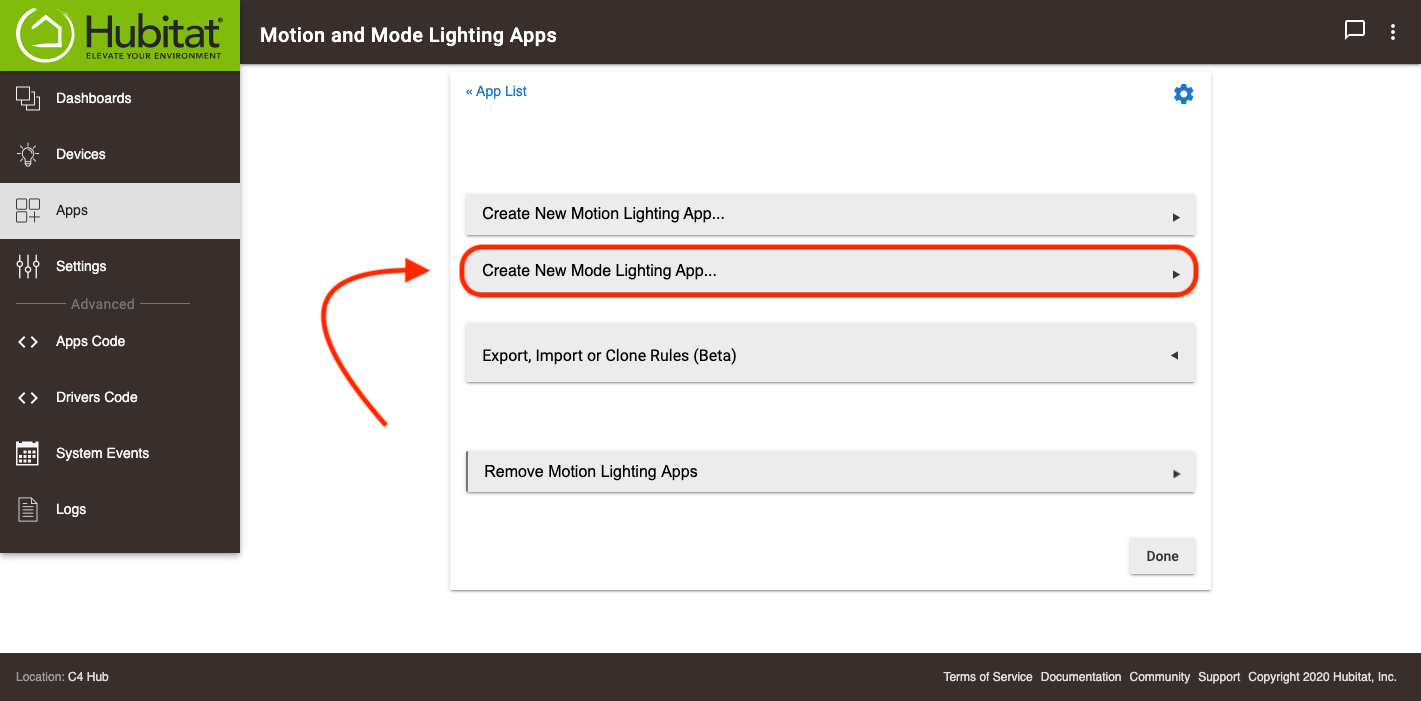 Screenshot of "Create New Mode Lighting app" option