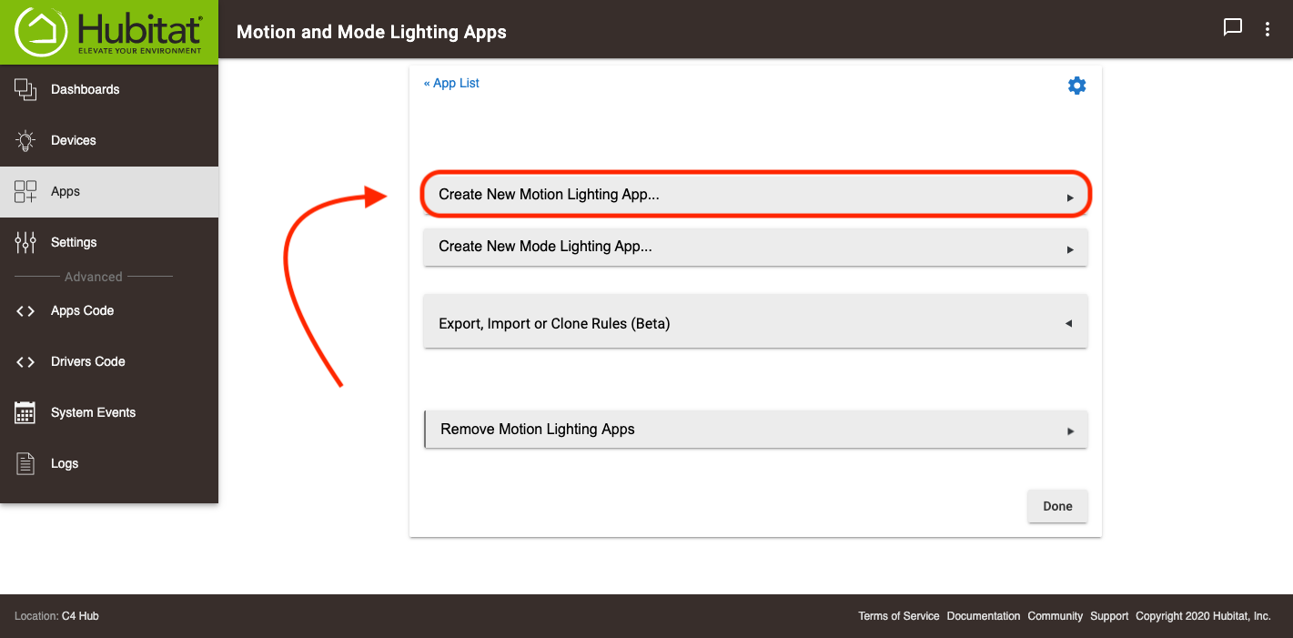 Screenshot of "Create new Motion Lighting app" option