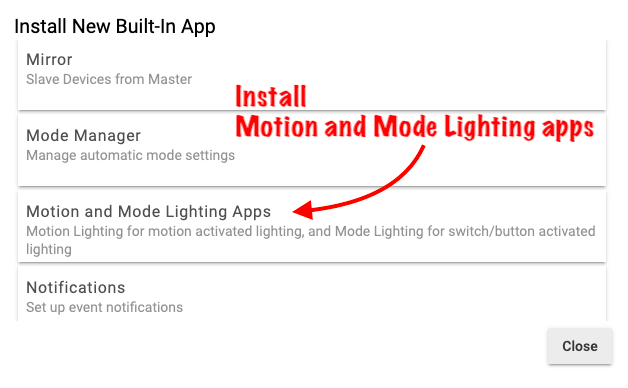Screenshot of "Motion and Mode Lightng Apps" in built-in apps list