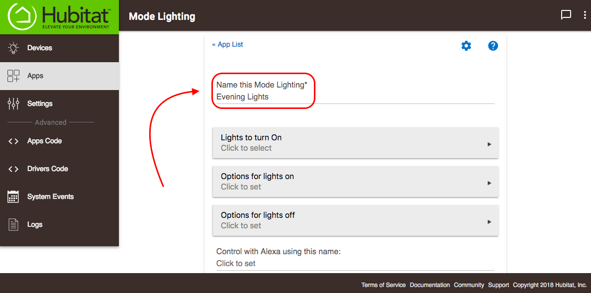 Screenshot: Naming Mode Lighting app