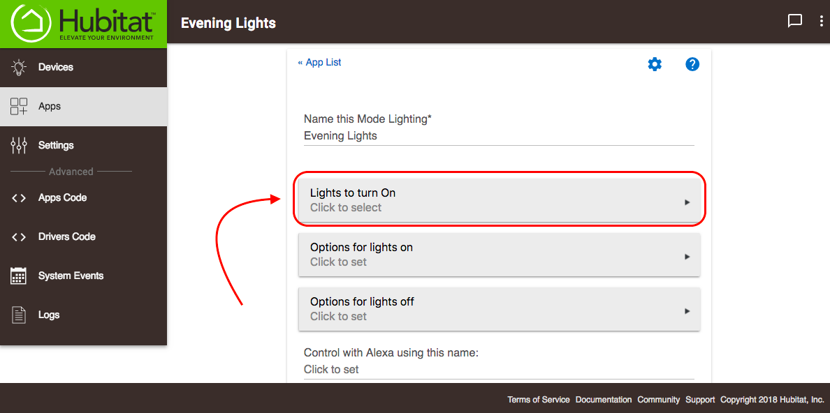 Screenshot of "Lights to Turn On" option