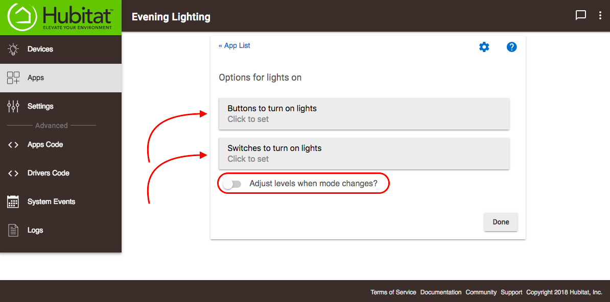 Screenshot of "Options for lights on" page