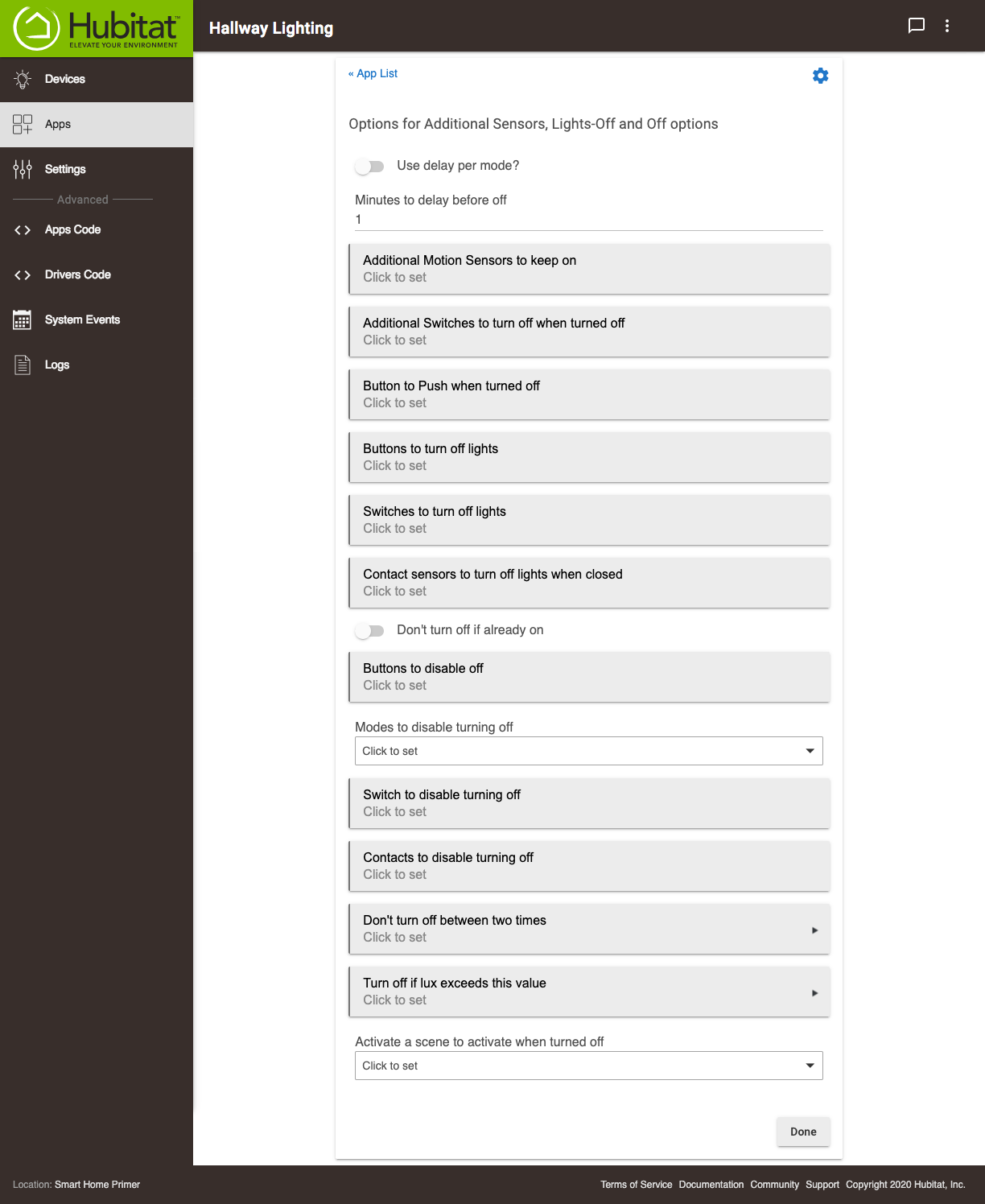 Screenshot of "Options for Additoinal Sensors, Lights-Off and Off" options