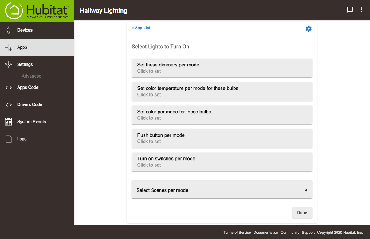 Screenshot of "Lights to Turn On" options with per-mode options enabled