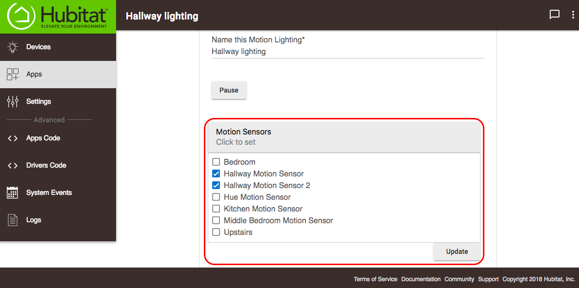 Screenshot of "Motion Sensors" option
