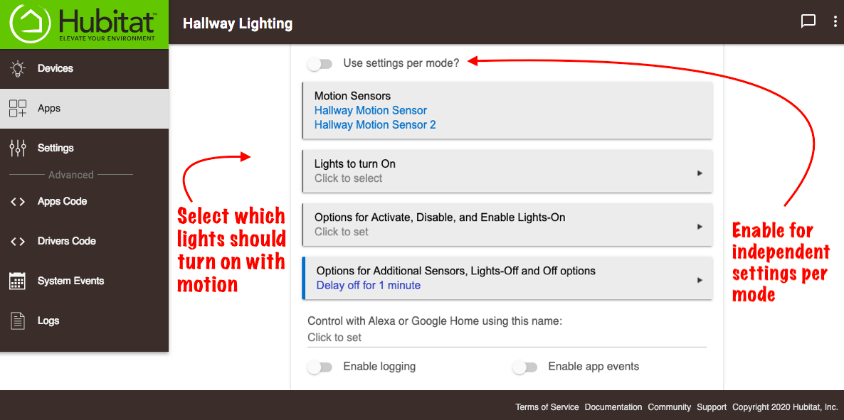 Screenshot of "Use settings per mode?" and lights options