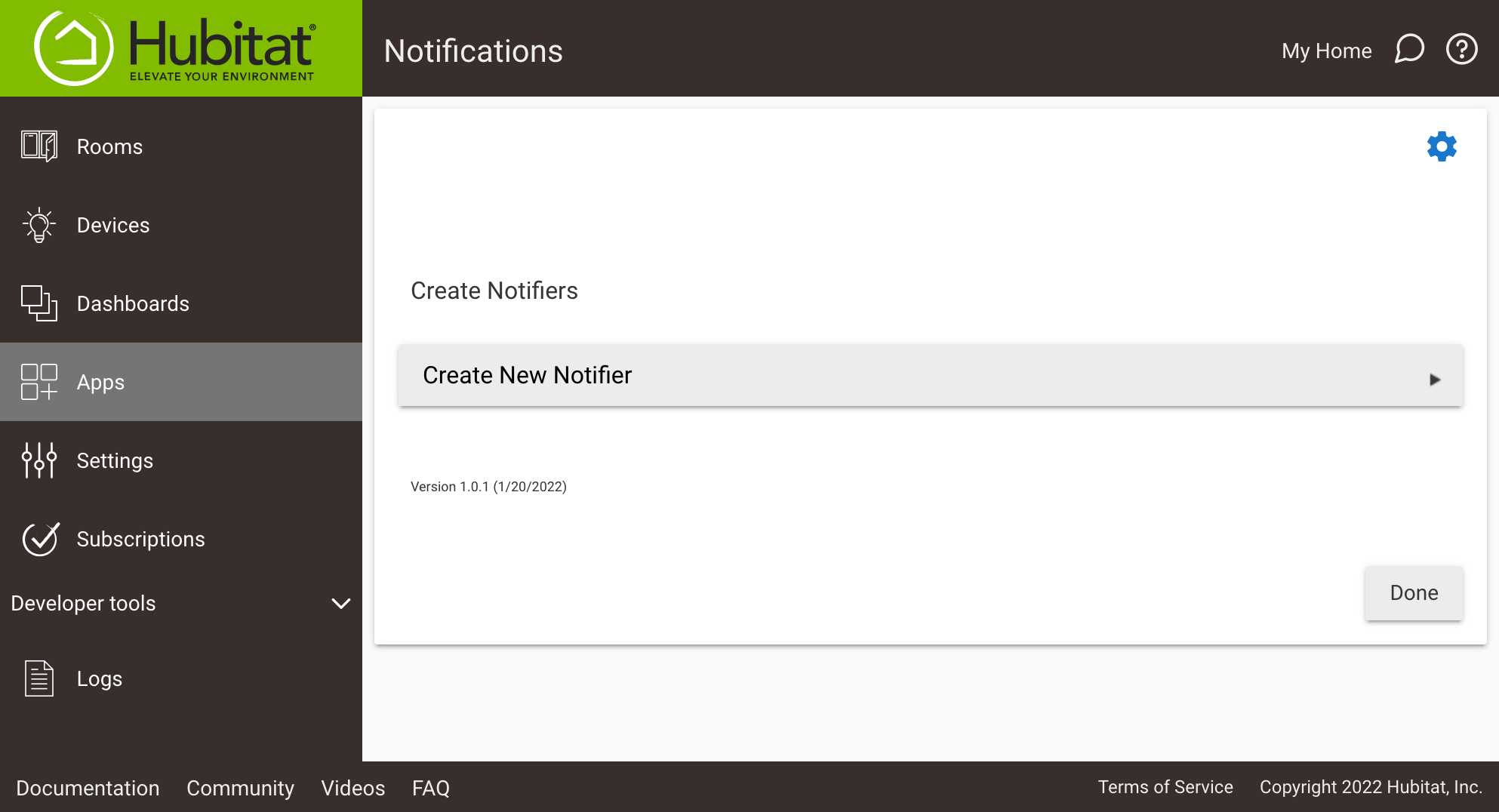 Screenshot of "Create New Notifier" link in app
