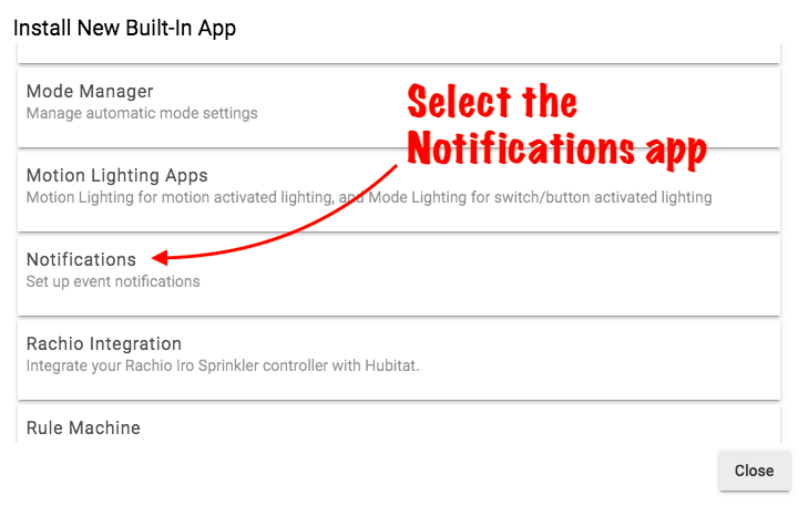 Screenshot of Notifications app in built-in Apps list
