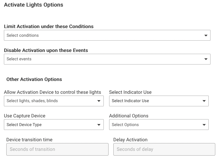 Screenshot of "Activate Lights Options" page