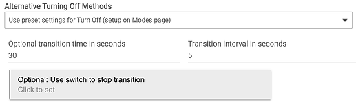 Screenshot of transition time (and other settings) in Alternative Turning Off Methods settings