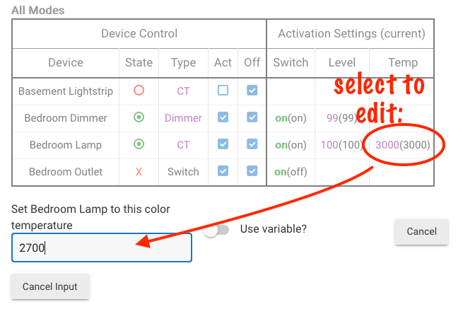 Screenshot - "Bulb Color Temperature" Activation setting editor example