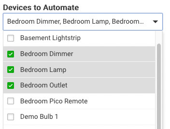 Screenshot of "Devices to Automate" drop-down in Room Lights