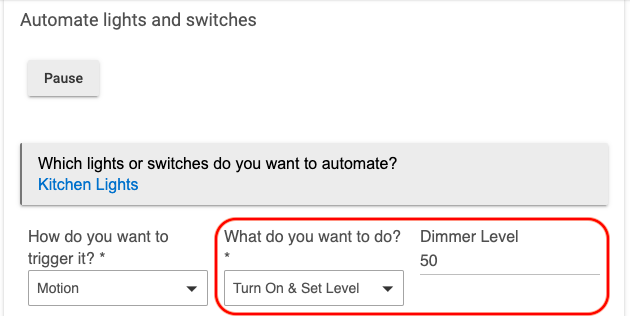 Screenshot of example action ("Turn on & Set Level")