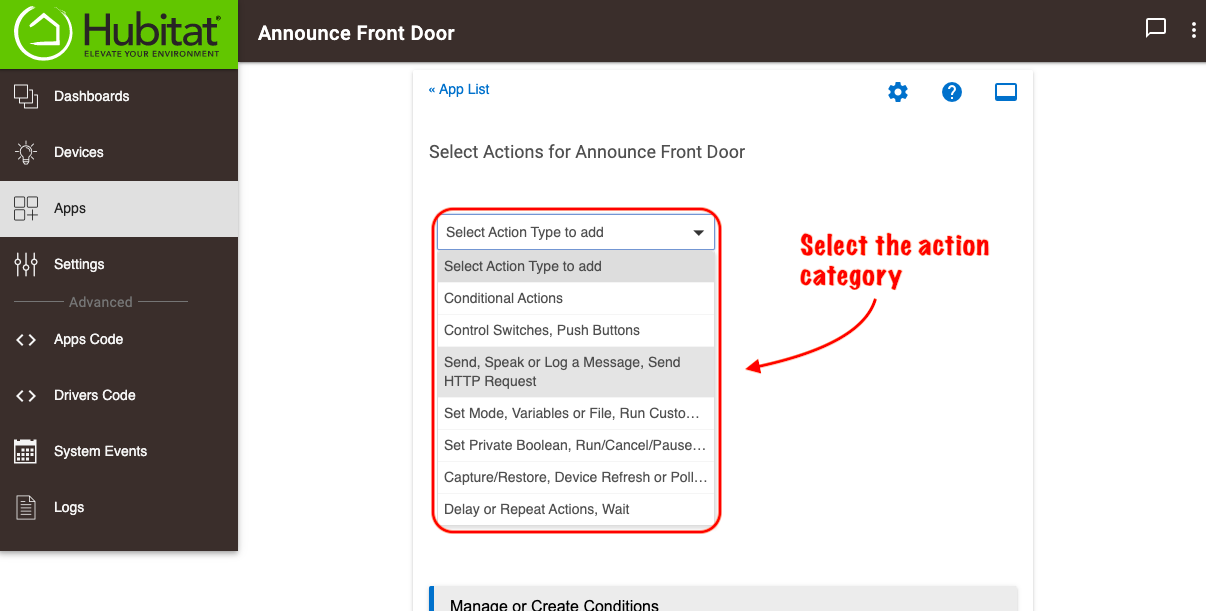 Screenshot of "Send, Speak, or Log a Message..." action category in category list