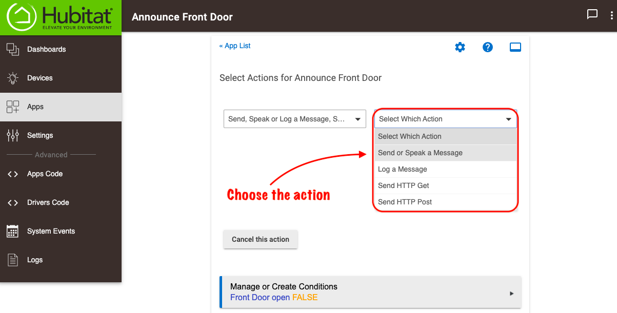 Screenshot of "Send or Speak a Message" action