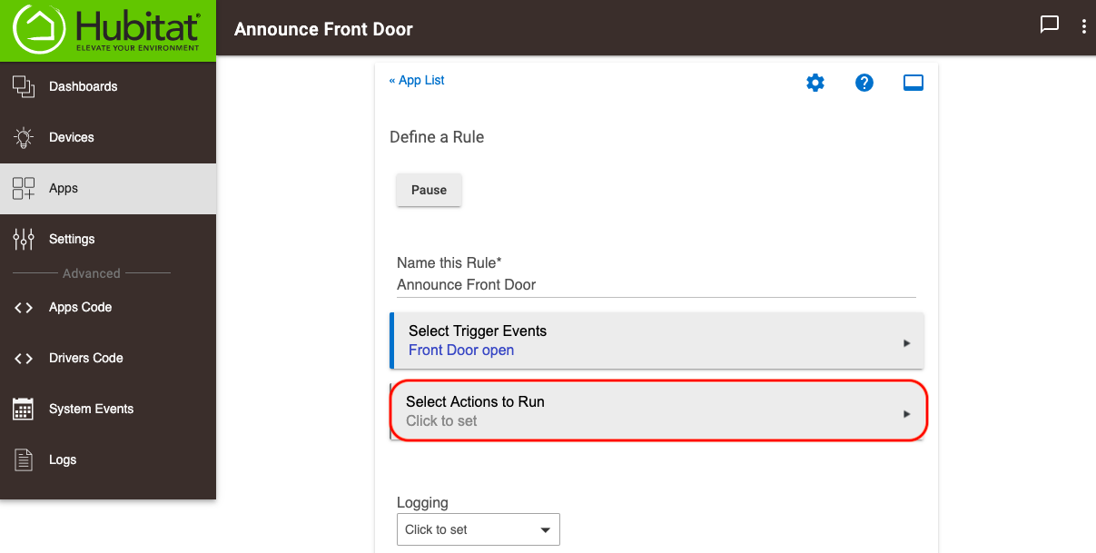 Screenshot of "Select Actions to Run" link