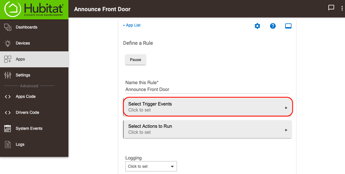 Screenshot of "Select Trigger Events" link in rule